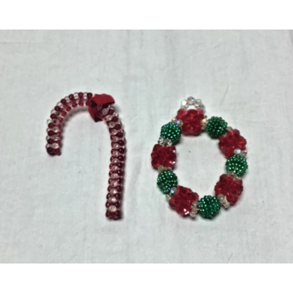 2 vintage Candy Cane and Wreath Handmade Beaded Ornaments Red White Green